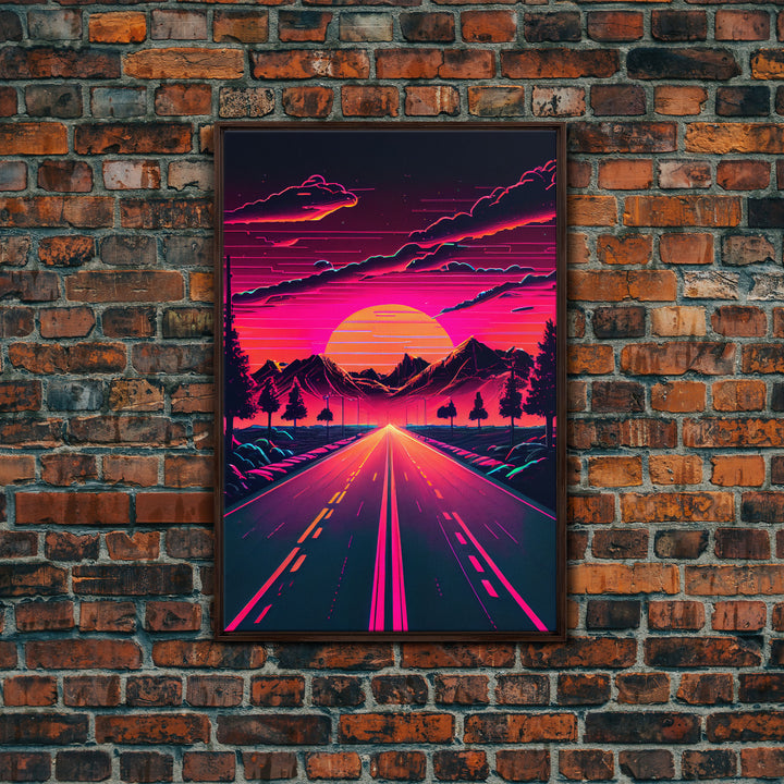 Outrun Sunset over the Arizona mountains, neon aesthetic art,  framed canvas print