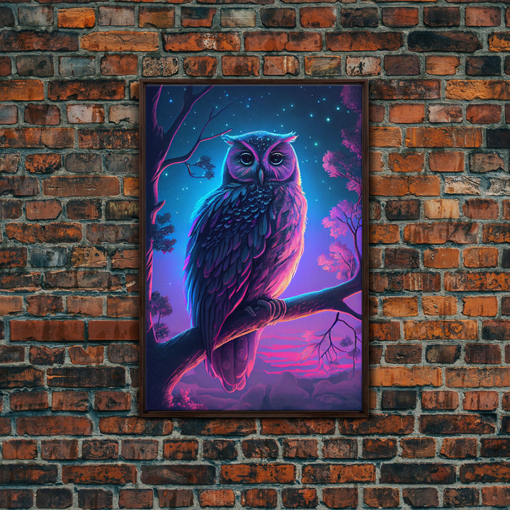 Retro Style Owl Art, Framed Canvas Print, outrun style owl at midnight under a starry sky