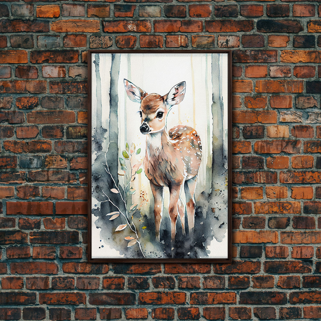 Watercolor portrait of a deer fawn, framed canvas print