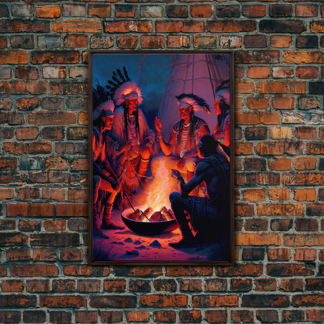 Wild West Decor, framed canvas print, Watercolor of Native Americans enjoying a campfire