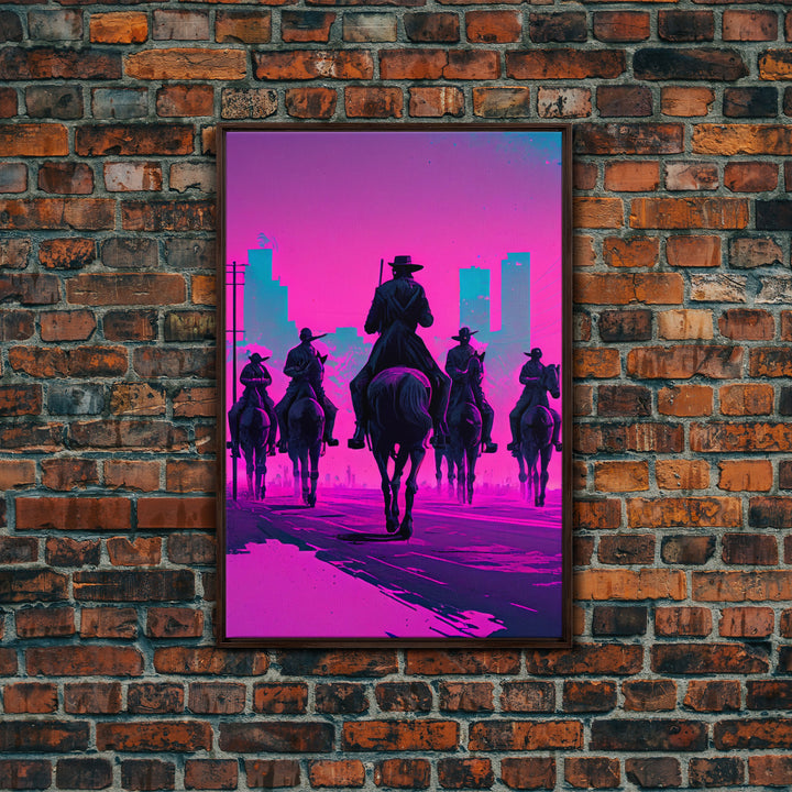 Post-Apocalyptic Cowboys, Vaporwave Aesthetic fantasy art, framed canvas print