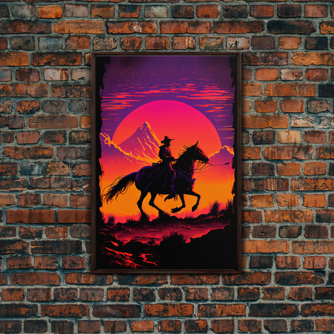 Outrun Style Wildwest Sunset Art, Framed canvas print, framed wall art, retro style western decor