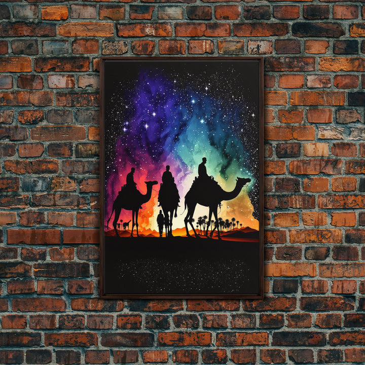 The Three Wise Men, Framed Canvas Print, Colorful Rainbow Art, 3 Wise Men, Camel Art, Starry Night Sky