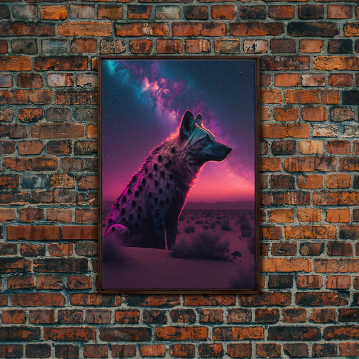 Portrait of a Neon Hyena, Laughing Hyenas, Framed Canvas Print, Unique Wall Art, Kid Room Art, Synthwave Retro Style Decor