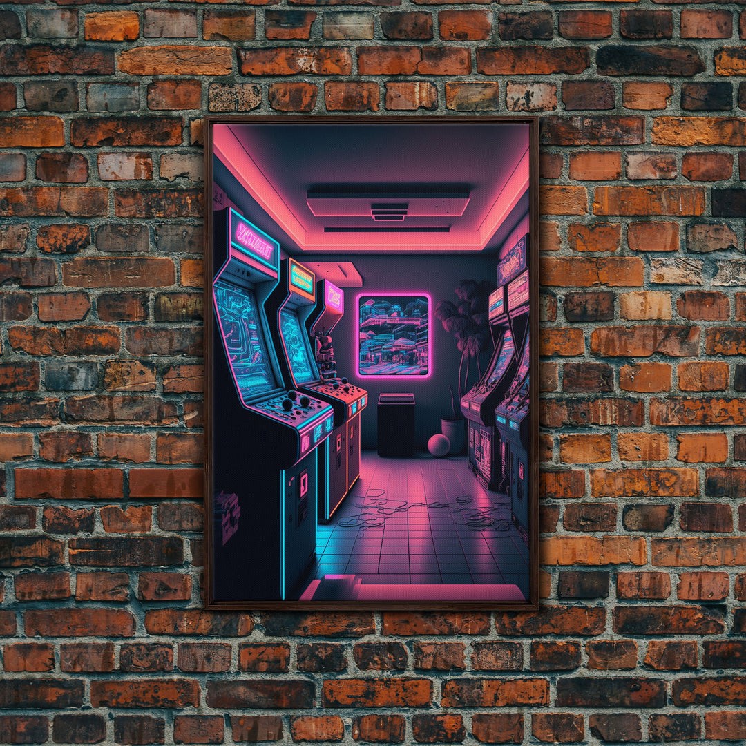 Neon Arcade, Gamer Room Decor, Unique Game Room Art, Framed Canvas Print, Synthwave Style Art, Vaporwave Gamer Art, Retrowave Arcade