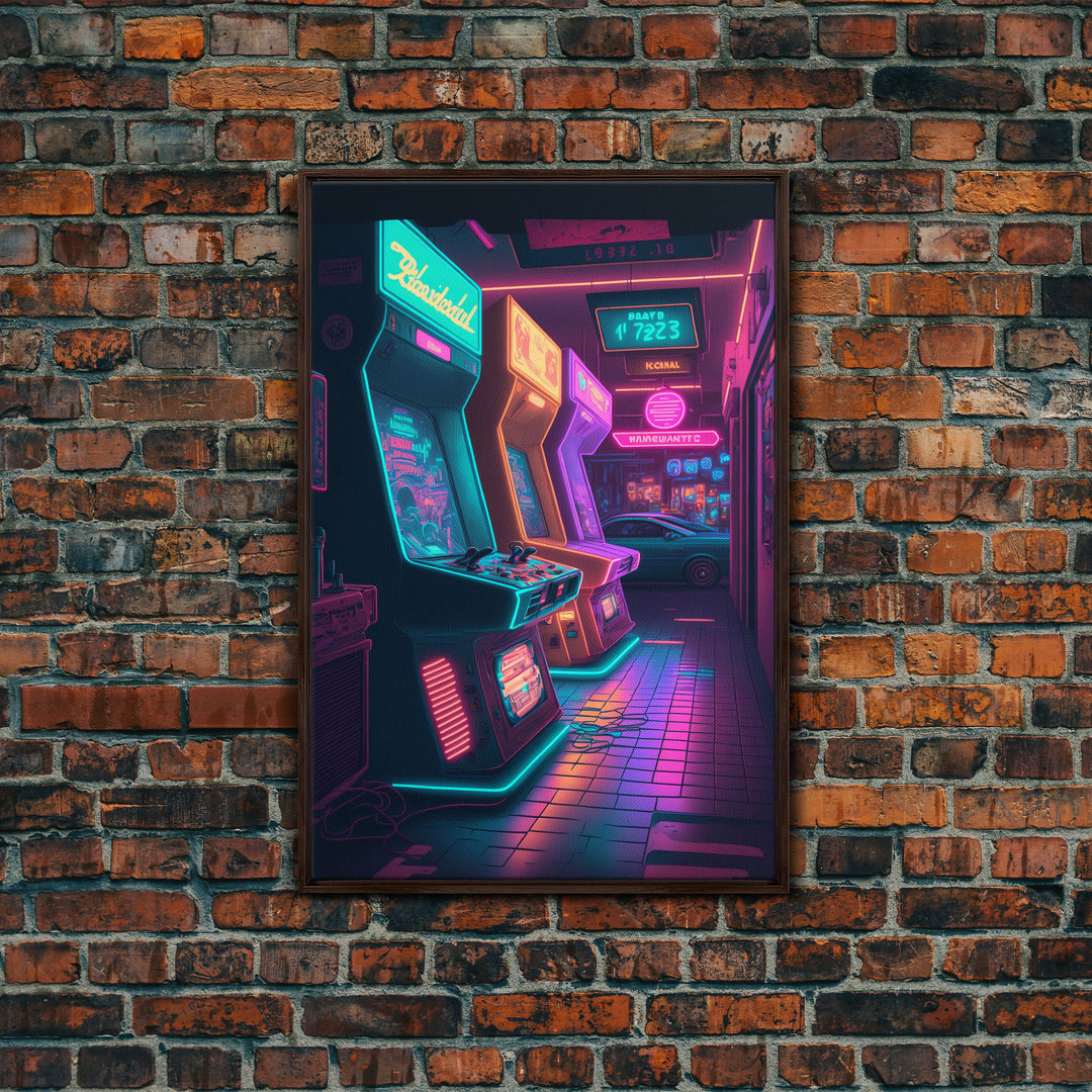 The Neon Arcade, Gamer Room Decor, Unique Game Room Art, Framed Canvas Print, Synthwave Style Art, Vaporwave Gamer Art, Retrowave Arcade