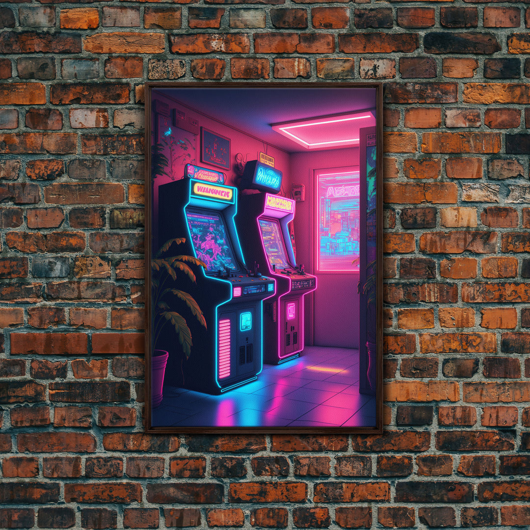 Retrowave Arcade Room, Neon Gamer Art, Framed Canvas Print, Framed Wall Art, Retrowave Arcade Decor, Game Room Art