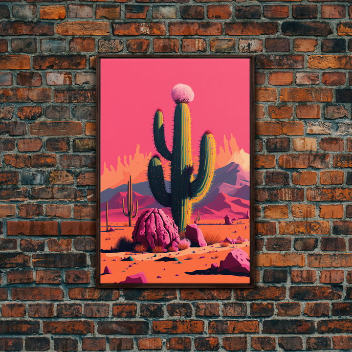 Mexico Cactus Art, Synthwave Pink Art, Framed Canvas Print, Southwest Saguaro Cactus Succulent Art, Western Decor