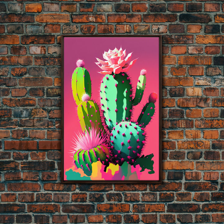 Cactus Art, Pop Art Style, Framed Canvas Print, Pueblo Style Midwest Decor, Western Art, Primitive Style Wall Art