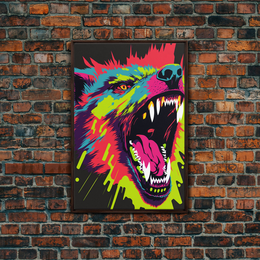 CHOMP! Wolf Bite! Framed Canvas Print, Unique Pop Art Style Animal Print