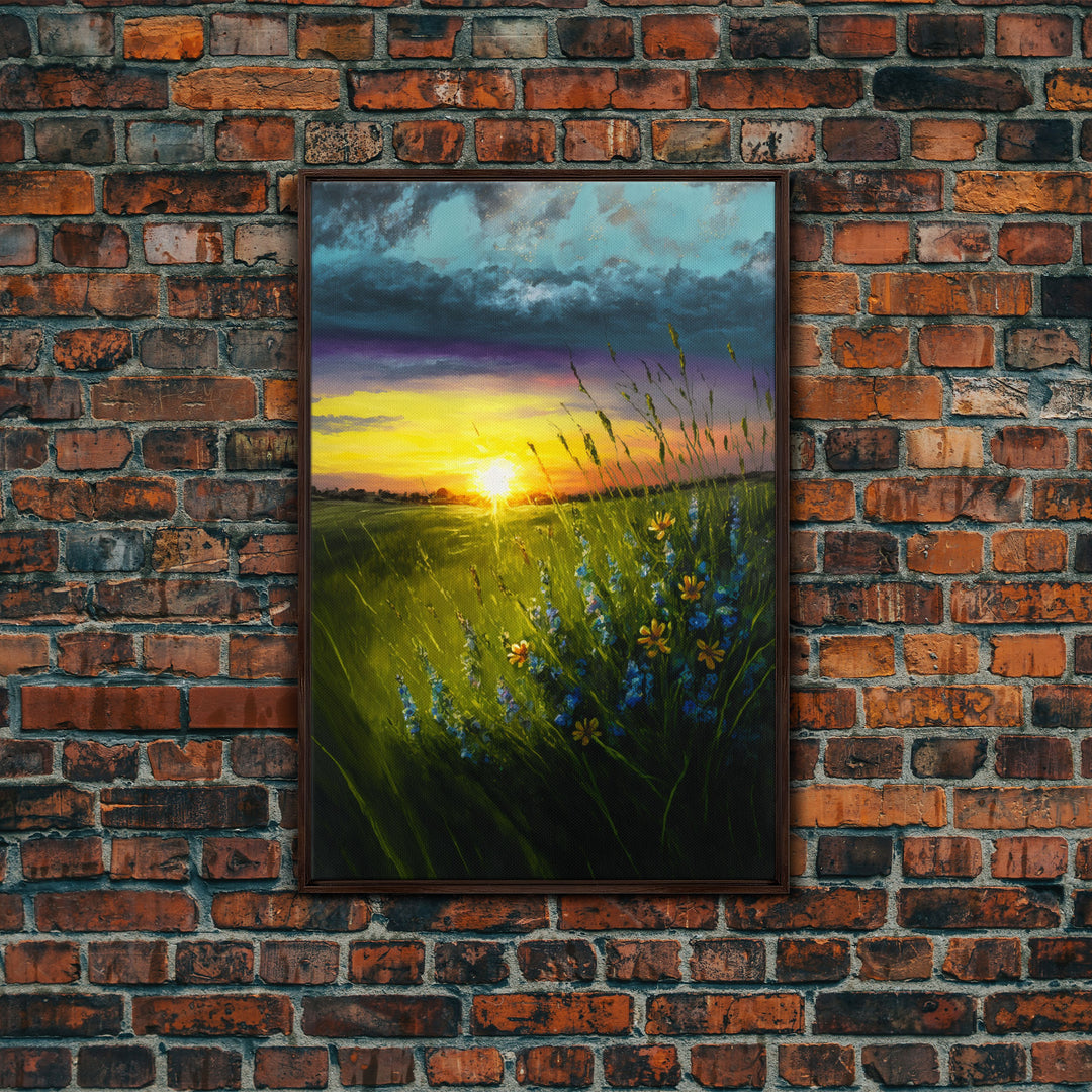 Sunset Over A Texas Field, Watercolor, Framed Canvas Print, Living Room Guest Room Art, Wall Decoration