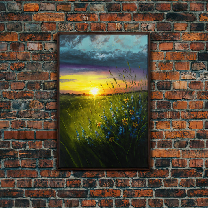 Sunset Over A Texas Field, Watercolor, Framed Canvas Print, Living Room Guest Room Art, Wall Decoration