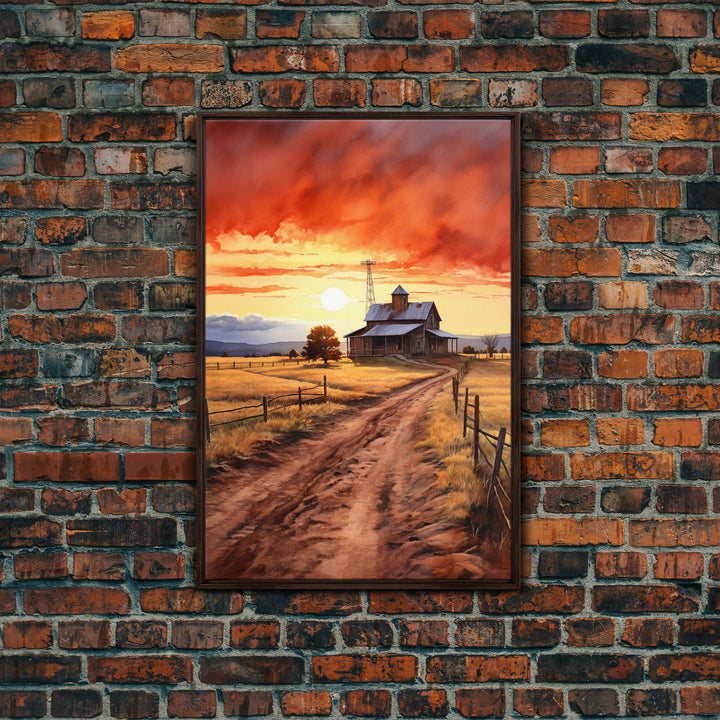 Sunset Over Kansas Farmhouse, Framed Canvas Print or Poster