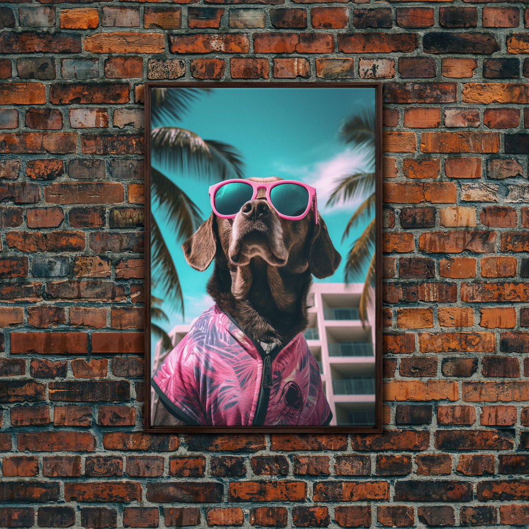 Labrador Dog Wall Print, Dog Wall Art, Dog With Shades, Pink Shirt, Funny Wall Art, Framed Wall Art, Framed Canvas, Wall Print, Wall Canvas