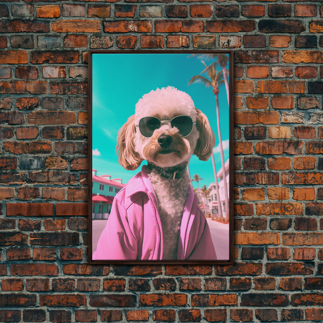 Poodle Dog Wall Print, Dog Wall Art, Dog With Shades, Pink Shirt, Funny Wall Art, Framed Wall Art, Framed Canvas, Wall Print, Wall Canvas