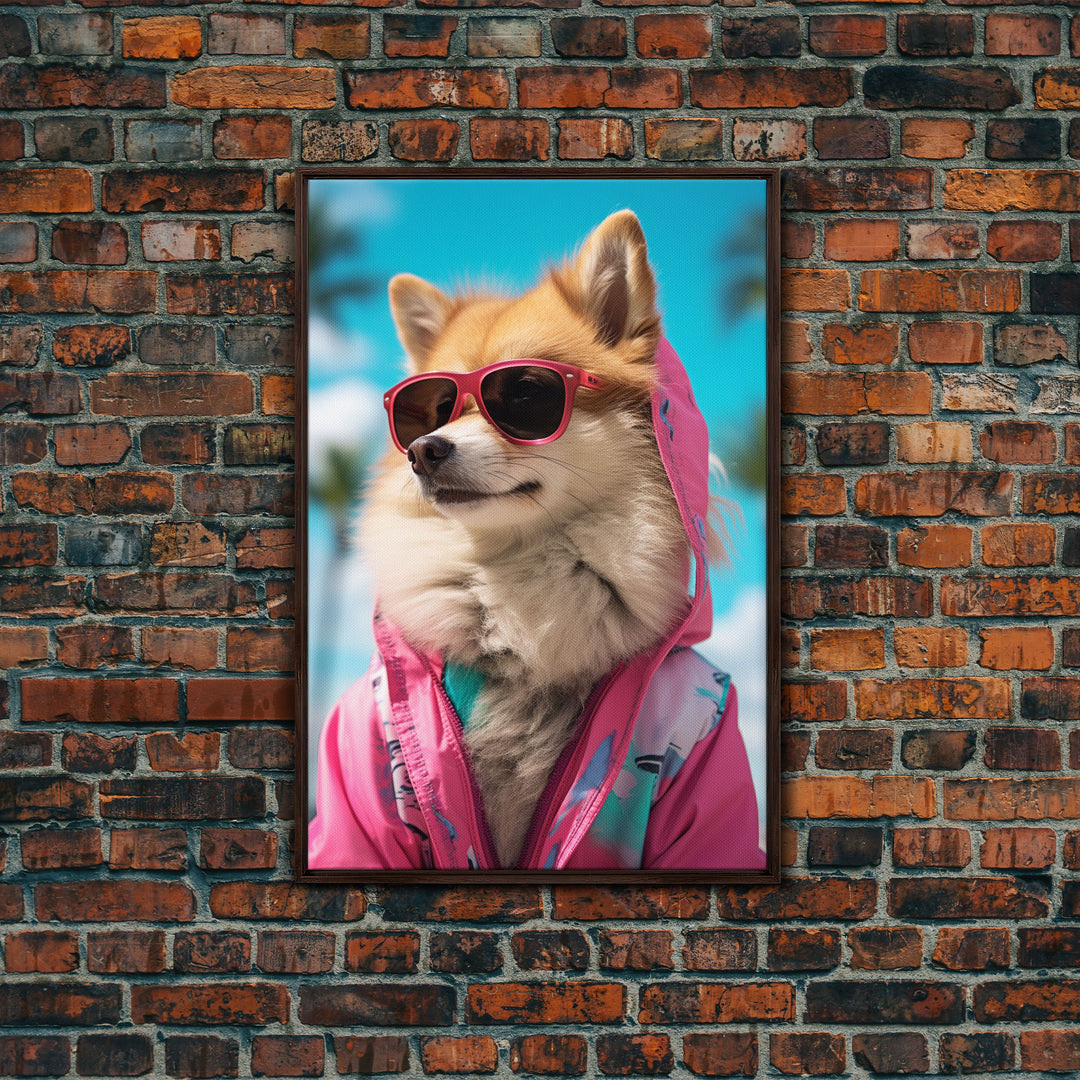 Pomeranian Wall Print, Dog With Shades, Dog Wall Art, Pink Shirt, Funny Wall Art, Framed Wall Art, Framed Canvas, Wall Print, Wall Canvas