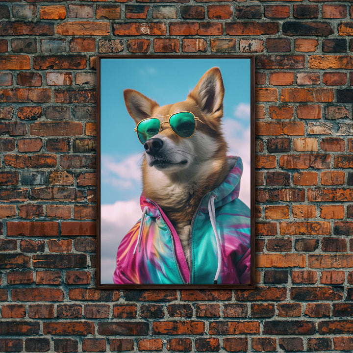 Shiba Inu Wall Print, Dog Wall Art, Dog With Shades, Colorful Hoodie, Funny Art, Framed Wall Art, Framed Canvas, Wall Print, Wall Canvas