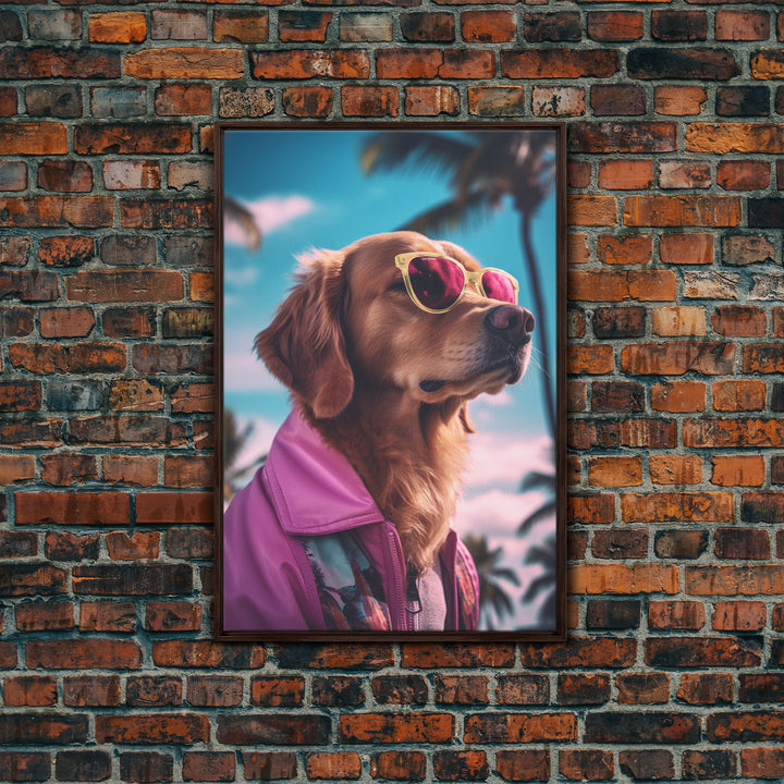 Golden Retriever Wall Print, Dog Wall Art, Dog With Shades, Pink Hoodie, Funny Art, Framed Wall Art, Framed Canvas, Wall Print, Wall Canvas