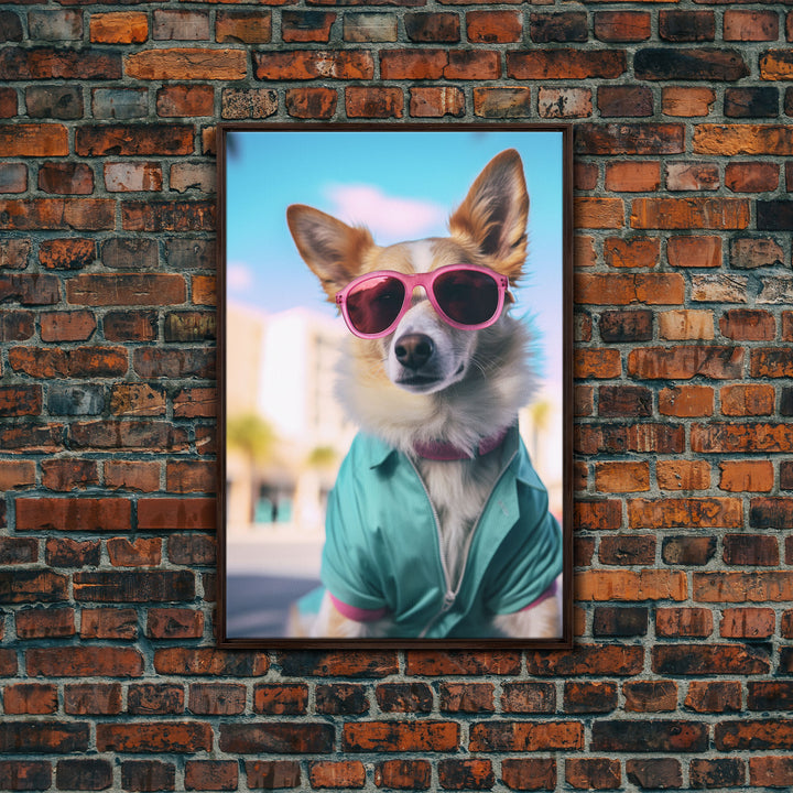 Corgi Wall Print, Dog Wall Art, Dog Sunglasses, Teal Shirt, Funny Wall Art, Framed Wall Art, Framed Canvas, Wall Print, Wall Canvas