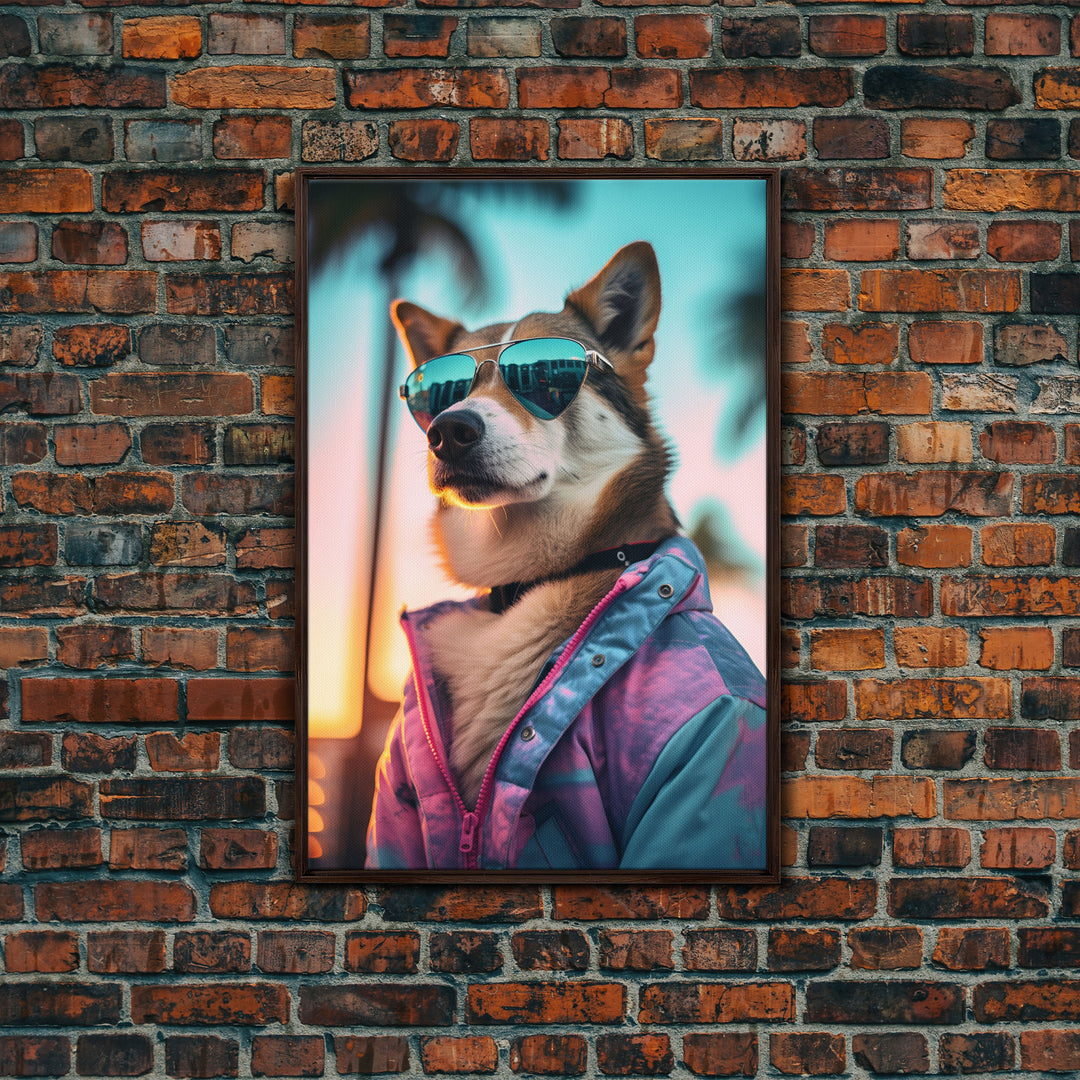 Shiba Inu Wall Print, Dog Art, Dog Sunglasses, Pink Teal Hoodie, Funny Wall Art, Framed Wall Art, Framed Canvas, Wall Print, Wall Canvas