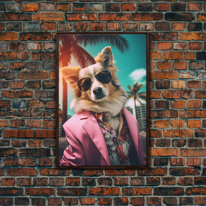 Corgi Wall Print, Dog Wall Art, Dog Sunglasses, Pink Suit, Floral Shirt, Funny Art, Framed Wall Art, Framed Canvas, Wall Print, Wall Canvas