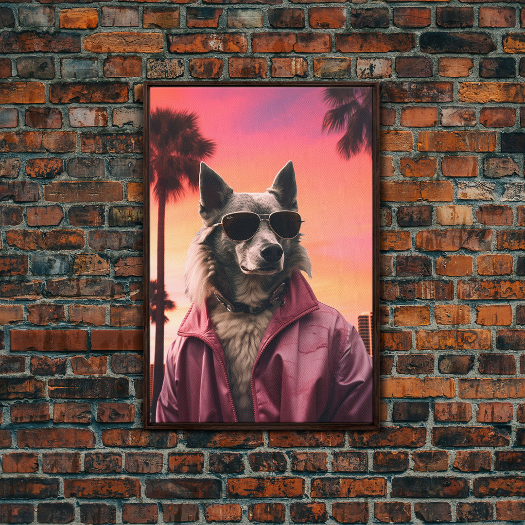 Wolfdog Wall Print, Dog Wall Art, Dog Sunglasses, Dog In Pink Jacket, Funny Art, Framed Wall Art, Framed Canvas, Wall Print, Wall Canvas