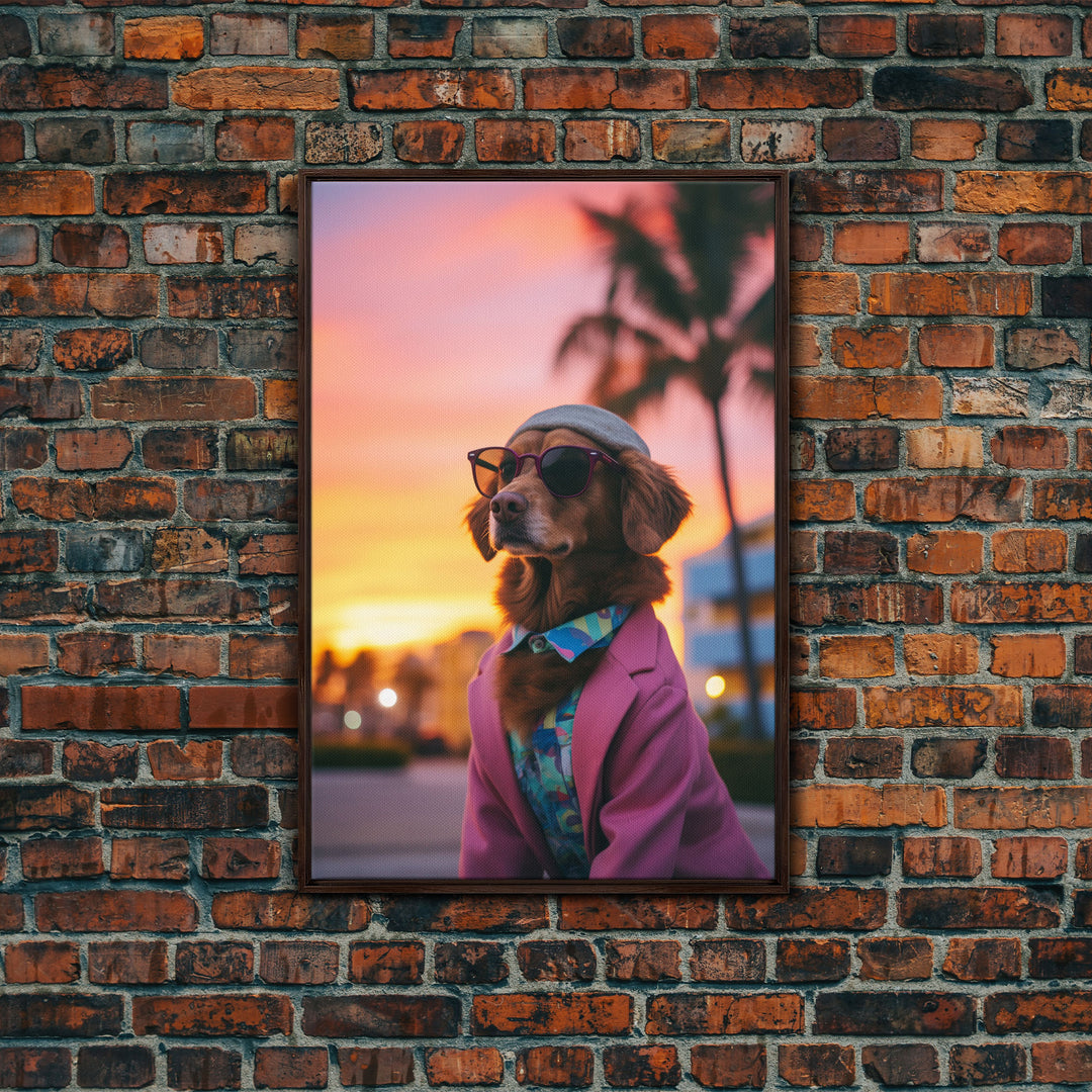 Golden Retriever Wall Print, Dog Art, Dog Sunglasses, Dog In Pink Suit, Funny Art, Framed Wall Art, Framed Canvas, Wall Print, Wall Canvas