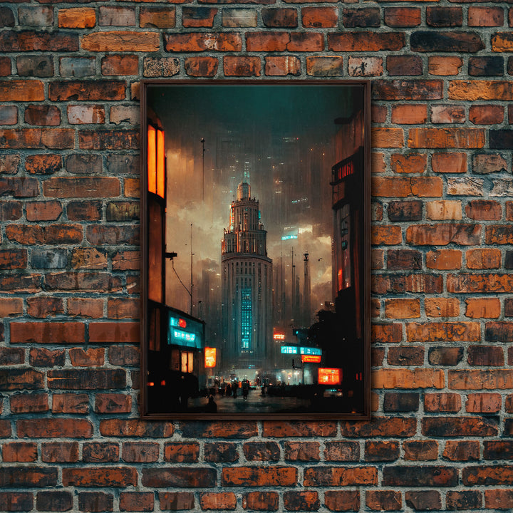 Art Deco Cyberpunk Cityscape Canvas Print, Scifi art, cool wall art for mancave, dystopian art, architecture