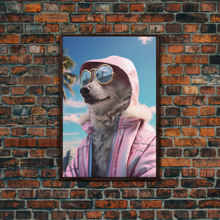 Japanese Spitz In Sunglasses Pink Hoodie Wall Print, Dog Portrait, Dog Art Print, Framed Wall Art, Framed Canvas, Wall Print, Wall Canvas