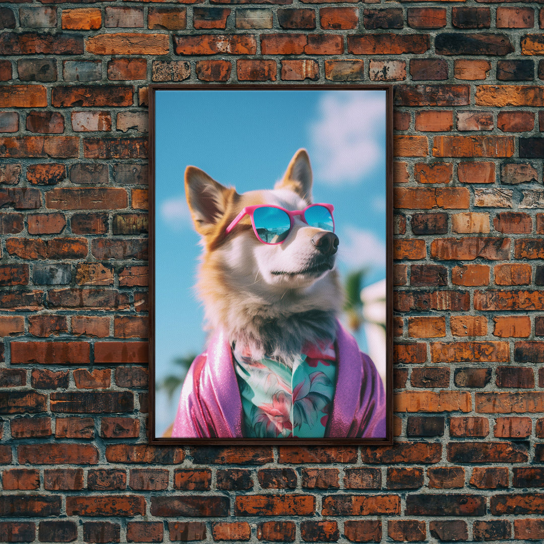 Corgi In Pink Suit Sunglasses Wall Print, Animal Print, Dog Portrait, Dog Art Print, Framed Wall Art, Framed Canvas, Wall Print, Wall Canvas