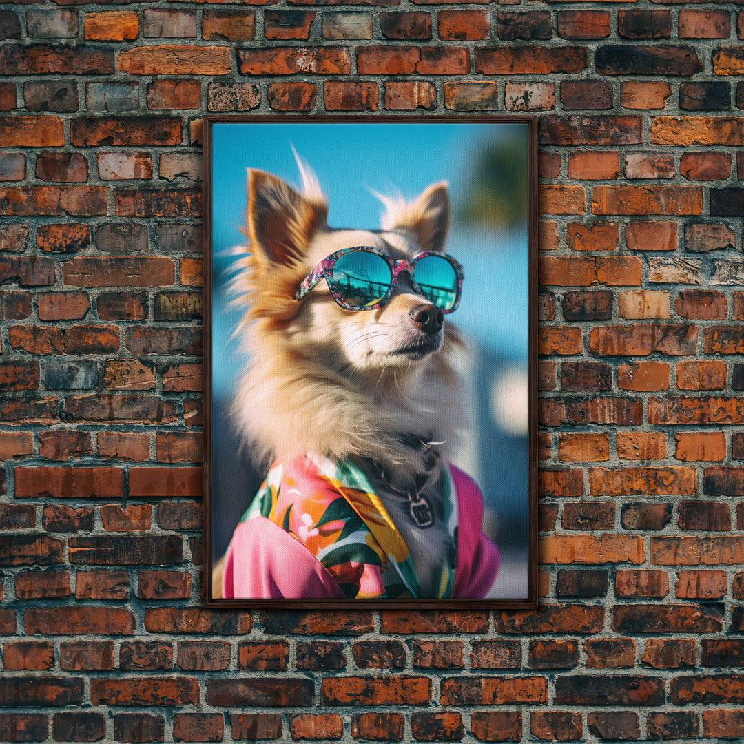 Long Haired Chihuahua In Pink Suit Sunglasses Wall Print, Dog Portrait, Dog Print, Framed Wall Art, Framed Canvas, Wall Print, Wall Canvas