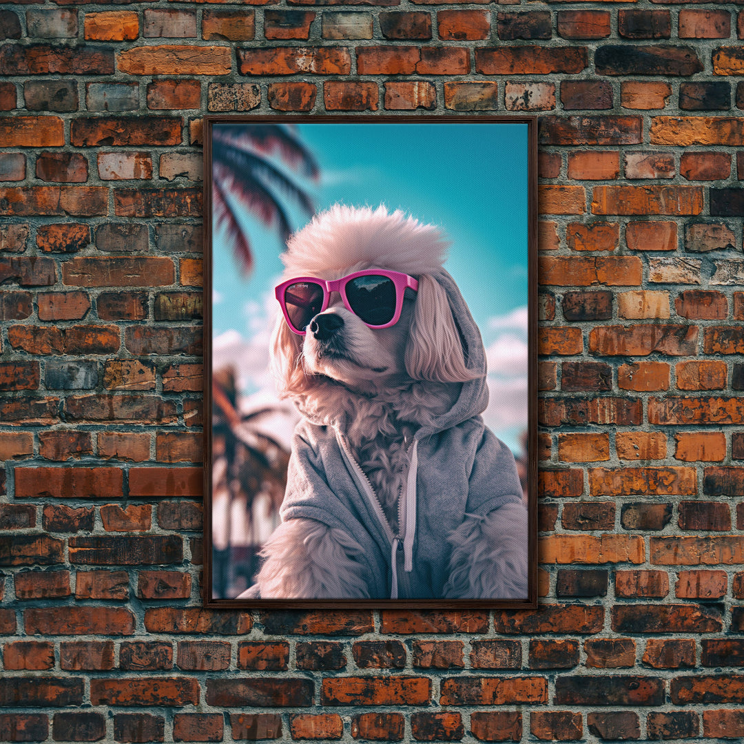 Poodle In Grey Hoodie Sunglasses Wall Print, Dog Art Print, Dog Portrait, Dog Print, Framed Wall Art, Framed Canvas, Wall Print, Wall Canvas