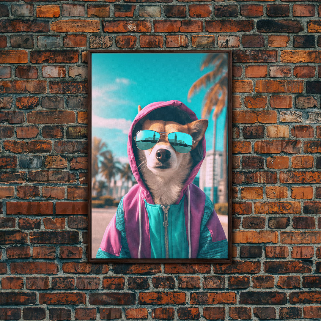 Corgi In Pink And Blue Hoodie Sunglasses Wall Print, Dog Art Print, Dog Portrait, Framed Wall Art, Framed Canvas, Wall Print, Wall Canvas