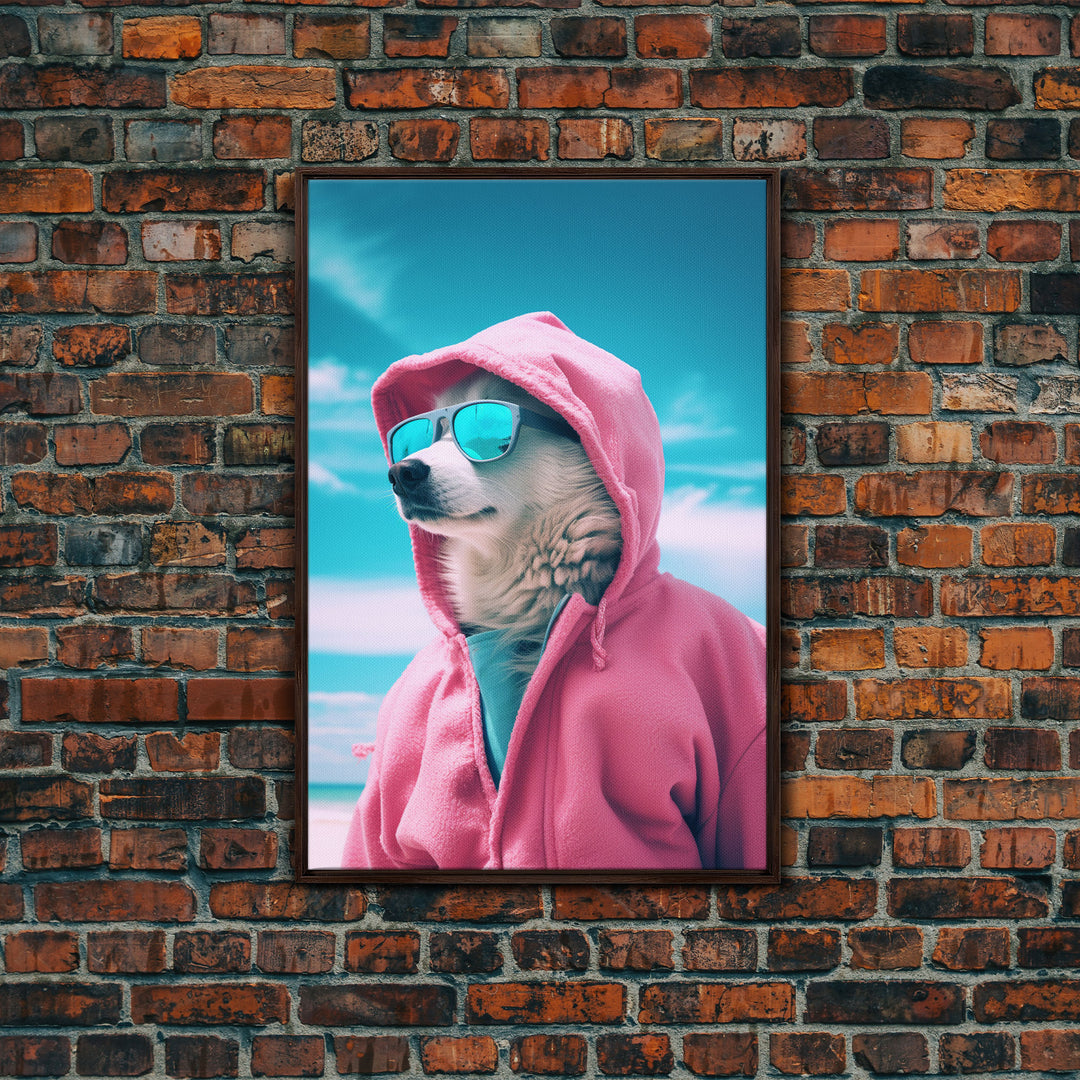 Husky In Pink Hoodie Sunglasses Wall Print, Dog Décor, Dog Print, Dog Portrait, Framed Wall Art, Framed Canvas, Wall Print, Wall Canvas