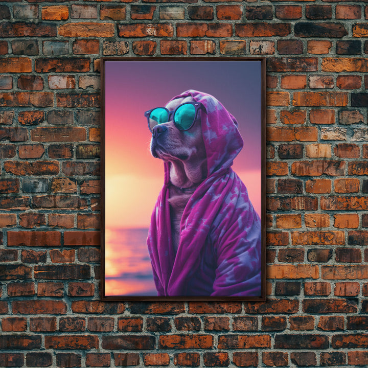 Pit Bull In Pink Hoodie Sunglasses Wall Print, Beach Art, Dog Print, Dog Portrait, Framed Wall Art, Framed Canvas, Wall Print, Wall Canvas