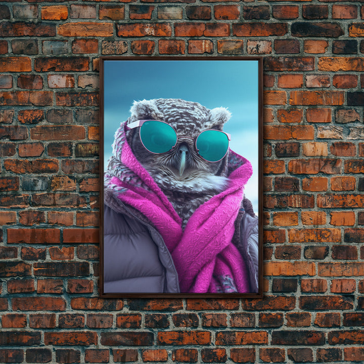 Owl In Jacket Sunglasses Wall Print, Animal Art Print, Bird Art, Animal Portrait, Framed Wall Art, Framed Canvas, Wall Print, Wall Canvas