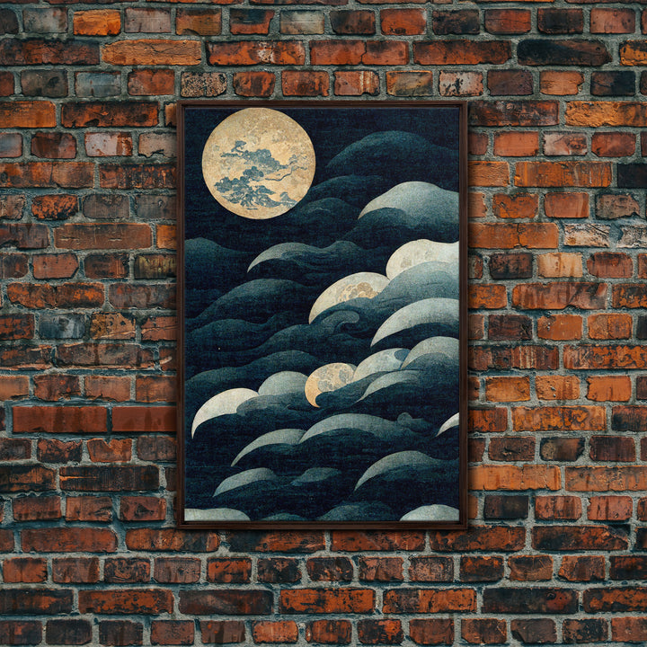 Japanese Style Wall Art, A Stormy Sea and Full Moon, Canvas Print, ready to hang wall art