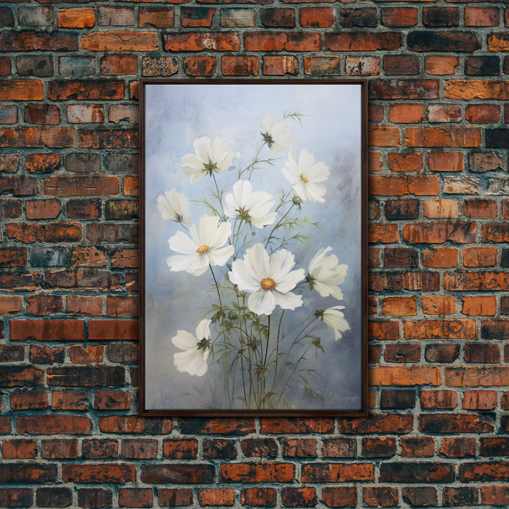 Cosmos Art Print - Framed Canvas Art - Oil Painting Poster Print  - White Flowers Still Life - Small Flower Bouquet Oil Painting Wall Art