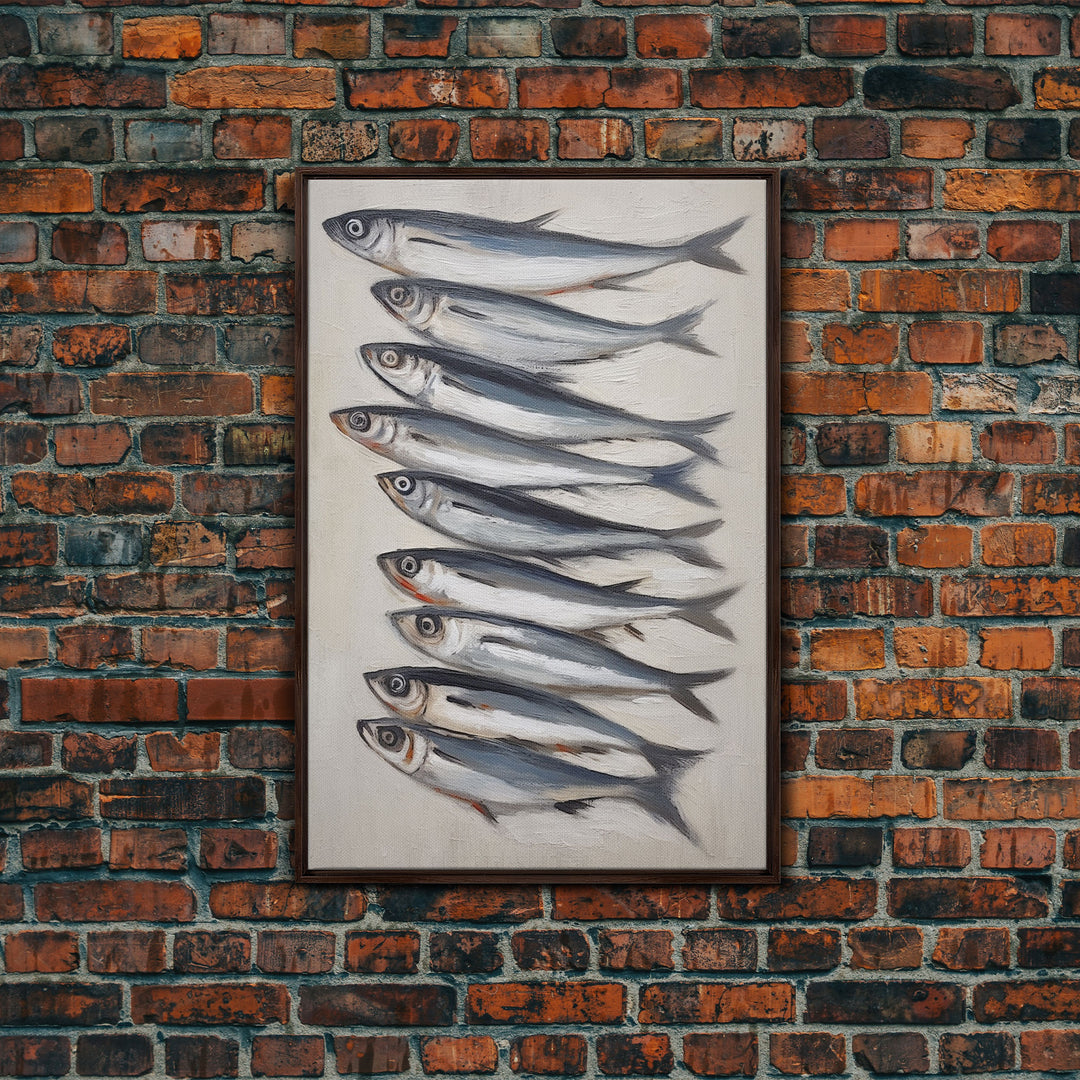 Minimalist Sardines Art Print - Framed Canvas Art - Oil Painting Still Life Print - French Kitchen Art - Restaurant Art - Boho Farmhouse Art