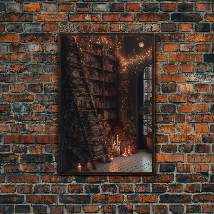 The Winter Library, Victorian Era Library with Ladder Art, Framed Canvas Print, Unique wall decor