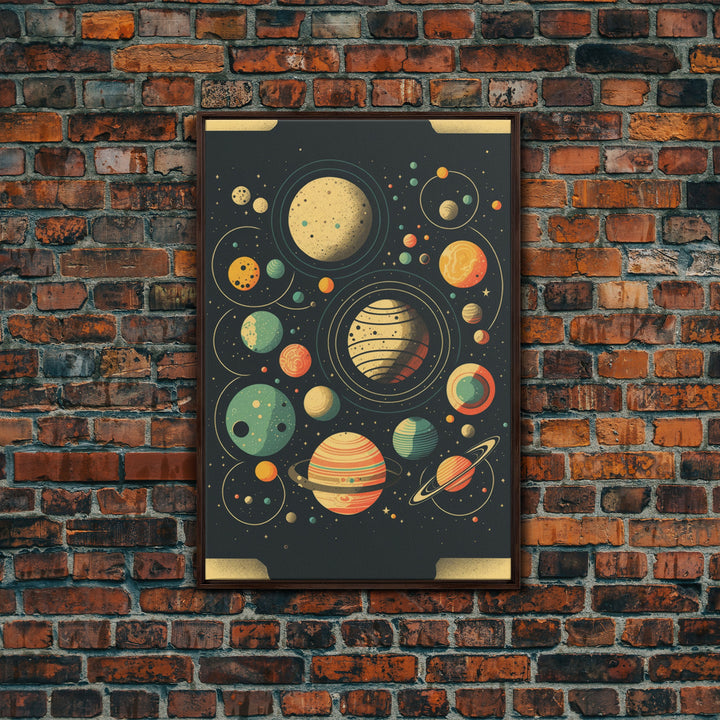 Art Deco Inspired Planetary Solar System Art, Framed Canvas Print, Cute Nursery Decor