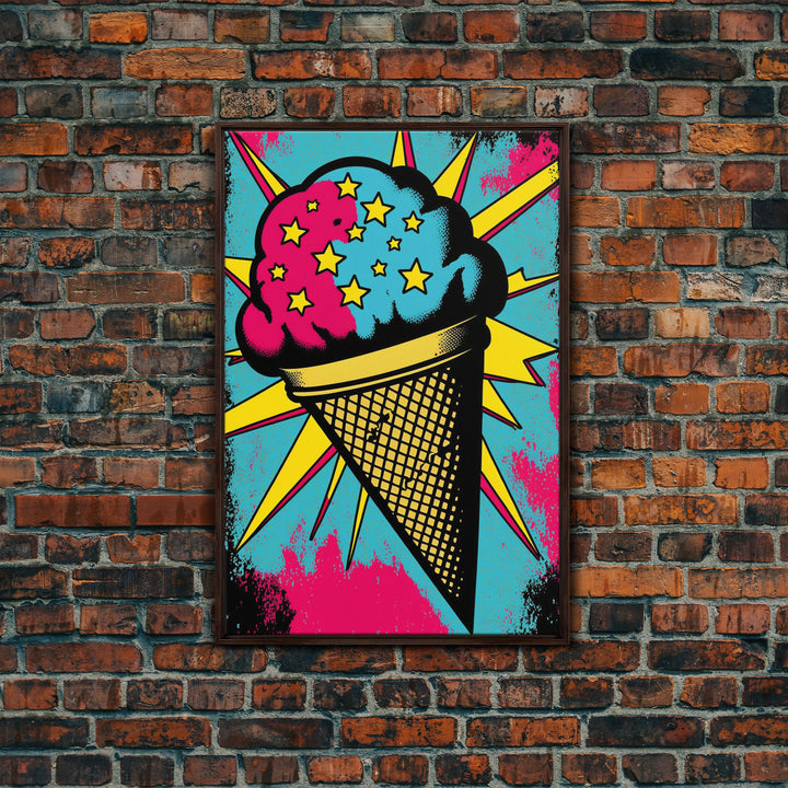 Pop Art Ice Cream, Psychedelic Ice cream cone, framed canvas print, large wall art, wall decoration, ice cream shop art