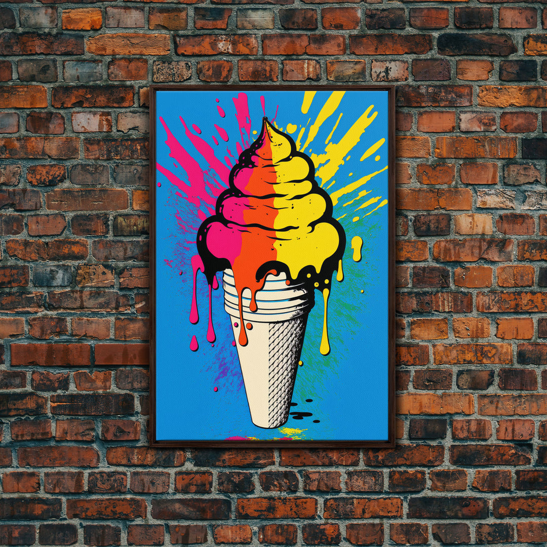 Pop Art Graffiti Ice Cream, Framed Canvas Print, Unique Colorful Wall Art, Paint Splatter Graffiti art, large wall art home decor