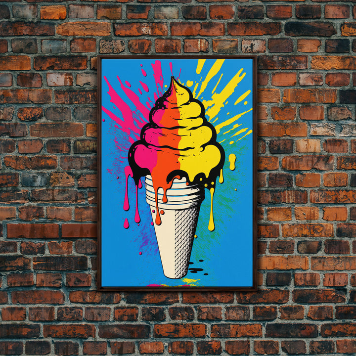 Pop Art Graffiti Ice Cream, Framed Canvas Print, Unique Colorful Wall Art, Paint Splatter Graffiti art, large wall art home decor