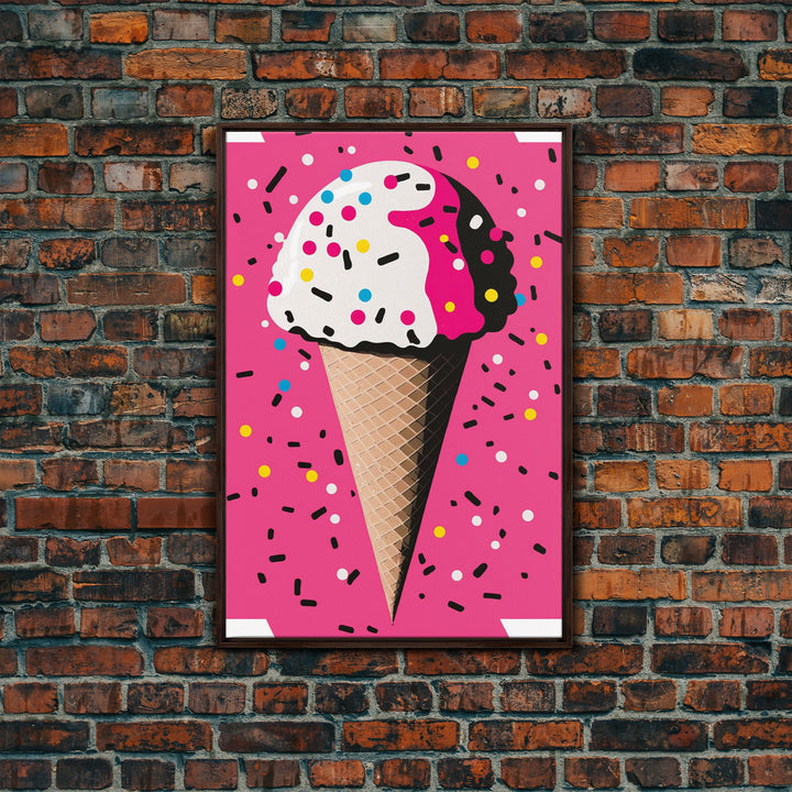 Pop Art Graffiti Ice Cream With Sprinkles, Framed Canvas Print, Colorful Wall Art, Paint Splatter Graffiti art, large wall art home decor