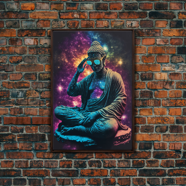 Psychedelic Buddha Wearing Aviators / Sunglasses, Meditation Art, Framed Canvas Print