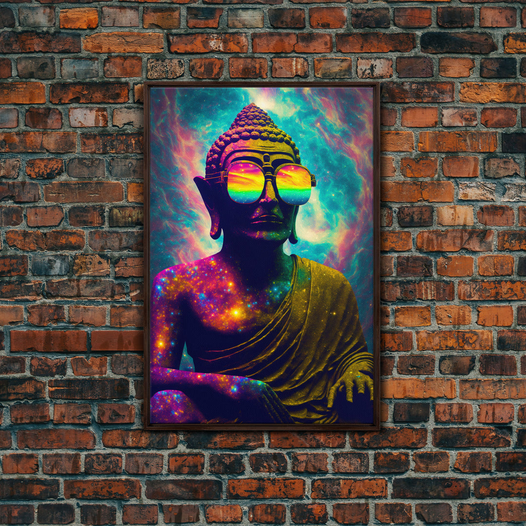 Open Your Mind, Psychedelic Buddha Wearing Aviators / Sunglasses, Meditation Art, Framed Canvas Print, Color Pop Art