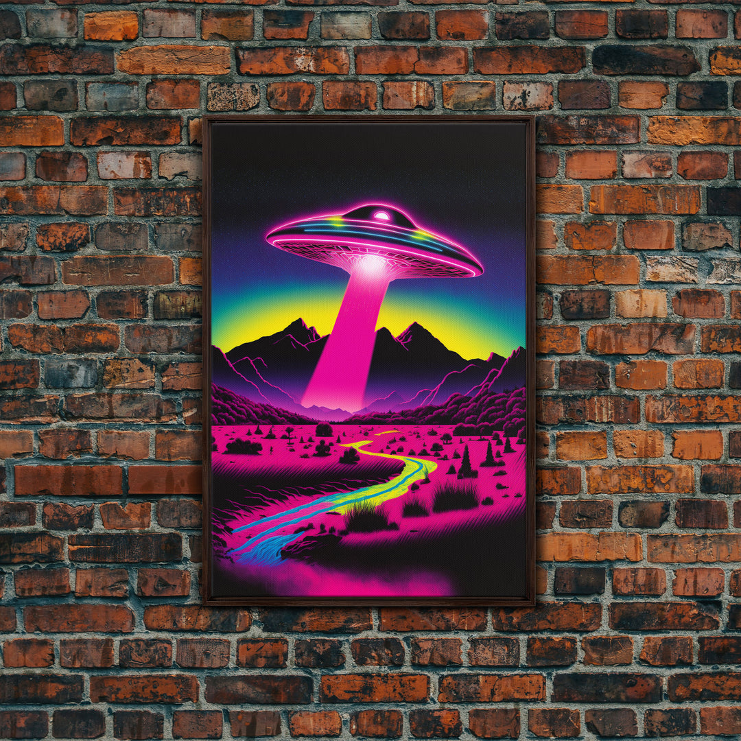 Psychedelic UFO Art, The Abduction, Retro 80s Style Scifi Art, Framed Canvas Print