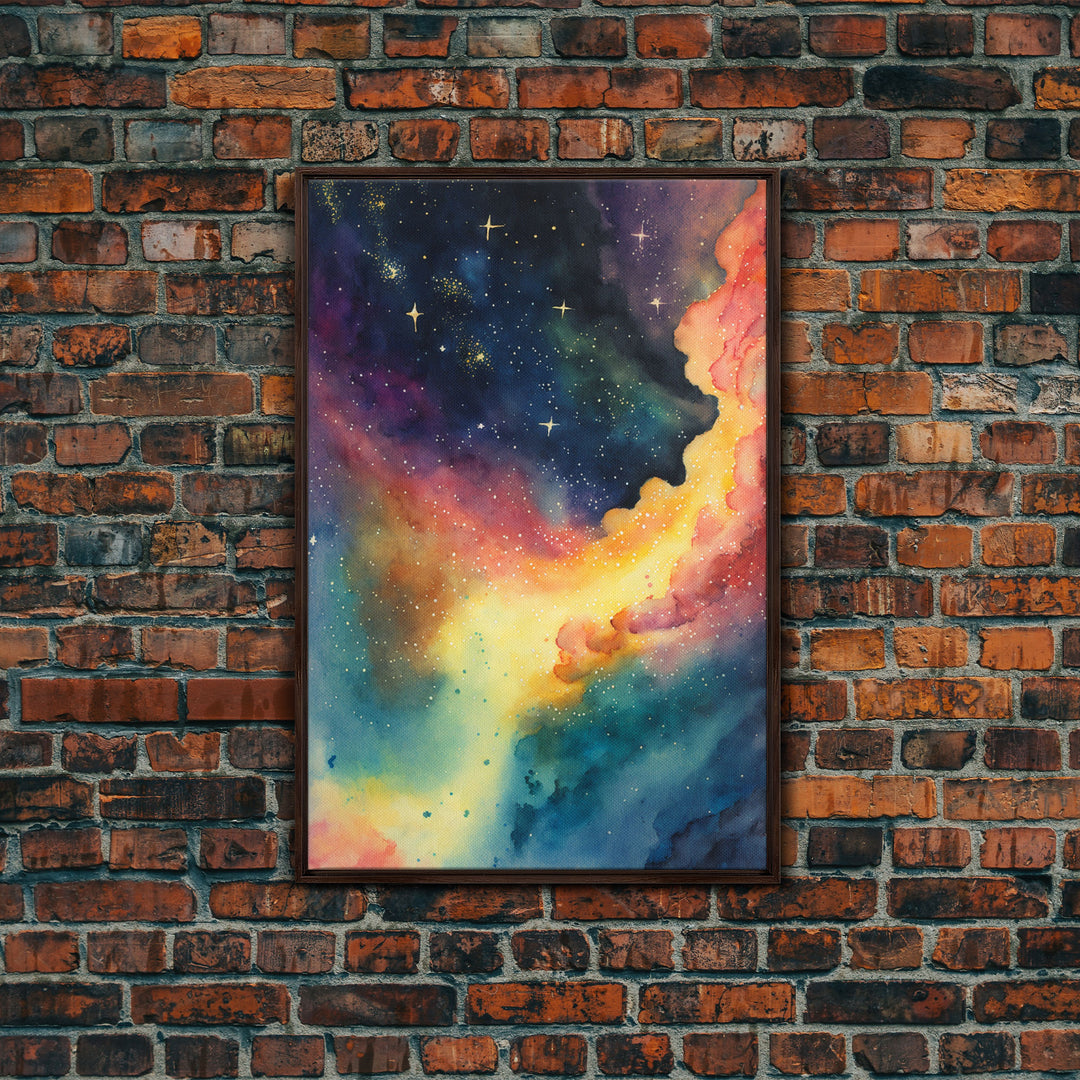 The Rainbow Nebula, Deep Space Art, Framed Canvas Print, Watercolor Painting of Space