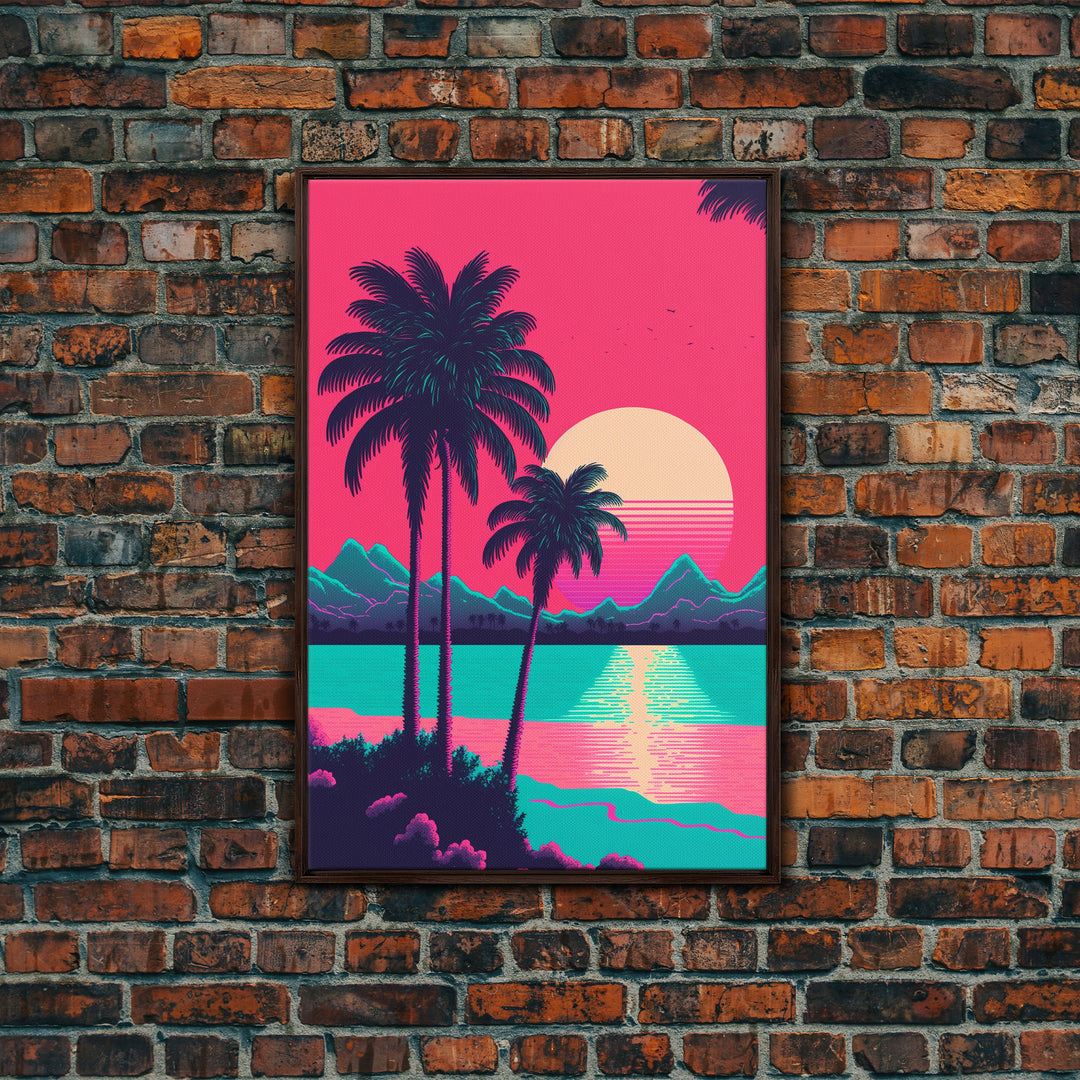 Retro Synthwave 80s Vibes Sunset Over The Mountains and Palm Trees, Highway, Framed Canvas Print